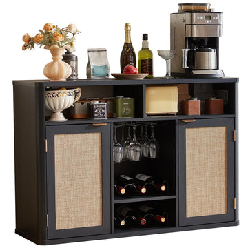 Rattan Wine Bar Cabinet with Storage, Black