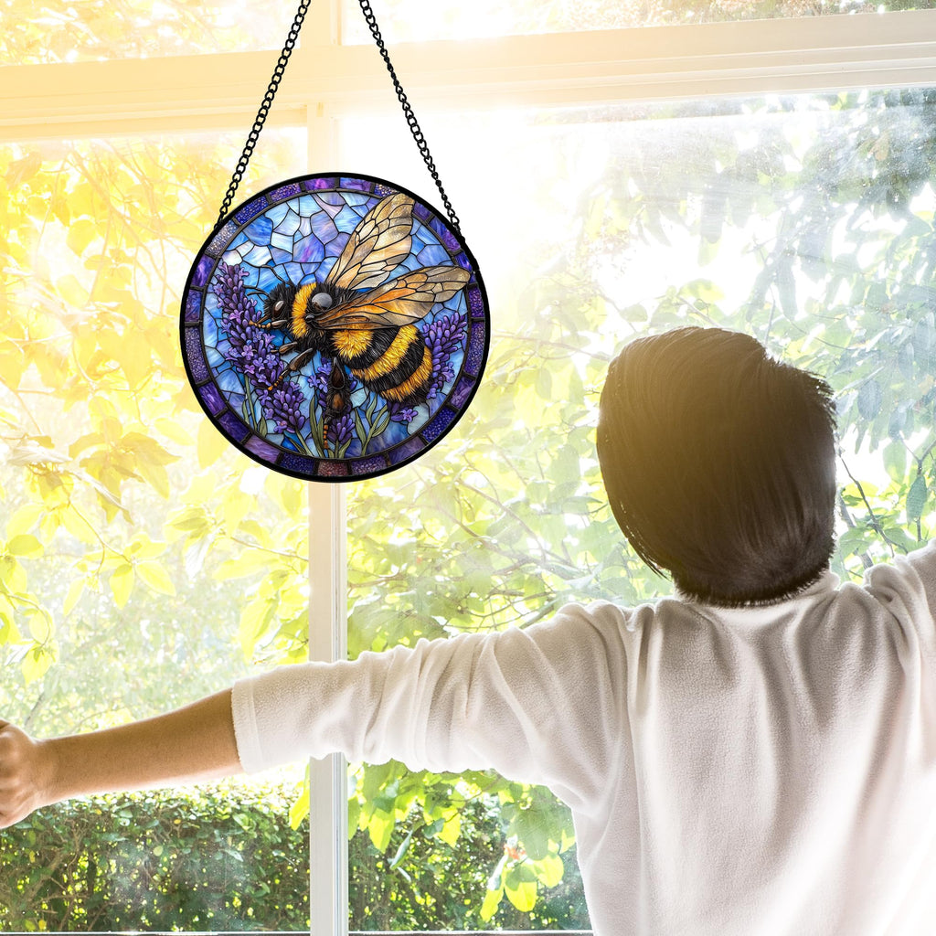 Bee Lavender Stained Glass Window Hanging Suncatcher Gifts for Women 6.3"