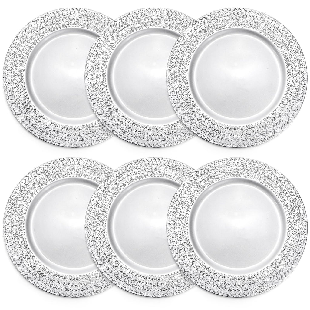 12 Pack Silver Charger Plates, 13 Inch Plastic Dinner Plate, Leaf Trim Antique Charger Plate for Weddings, Parties