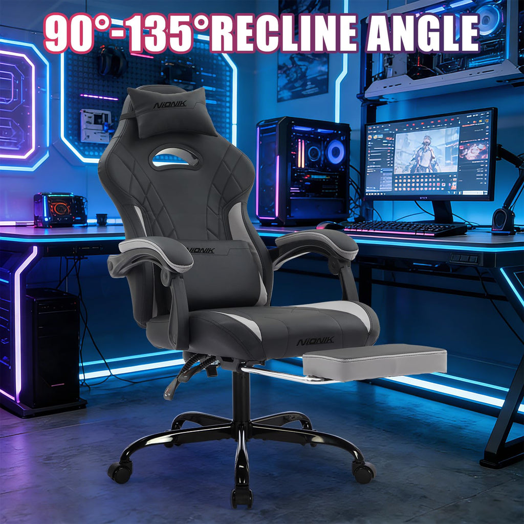 Gaming Chair with Footrest and Massage Lumbar Support, Ergonomic Computer Gamer Chair, Office Video Game Chairs with
