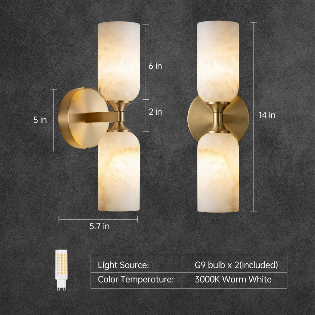 Alabaster Wall Sconce,Solid Brass,Hardwired 14in 3-Color