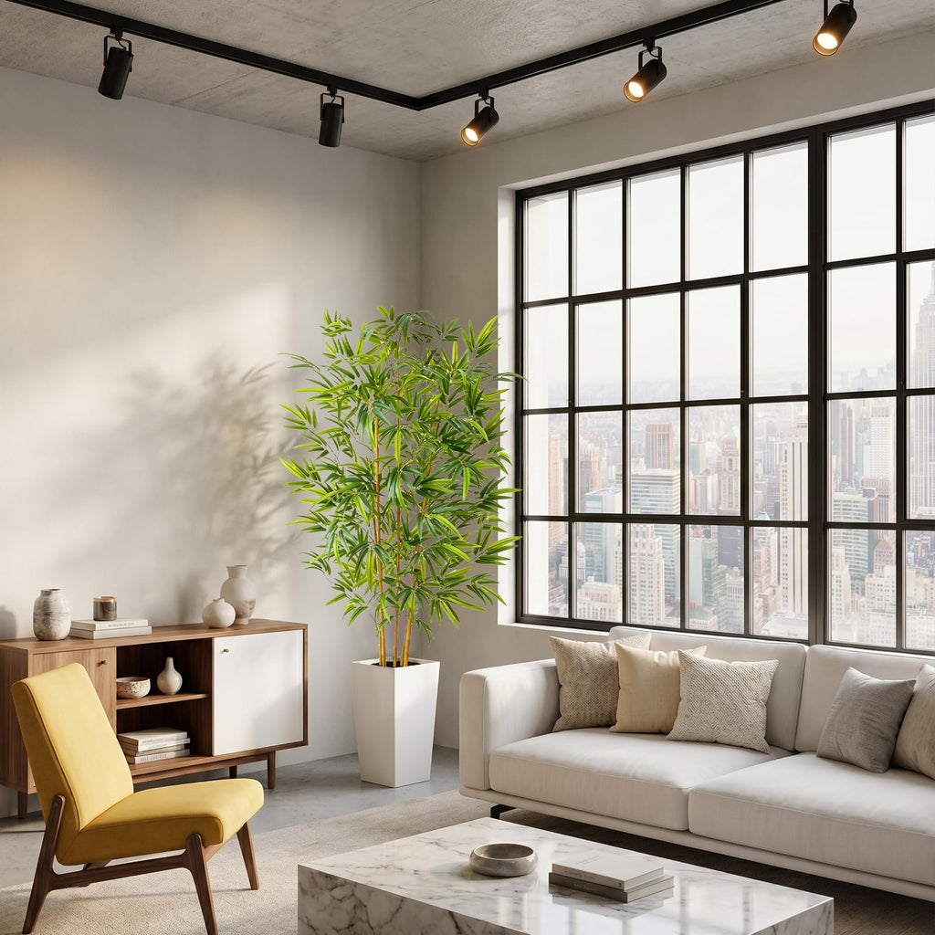 6FT Artificial Bamboo Tree with White Tall Planter, Faux Tree Indoor