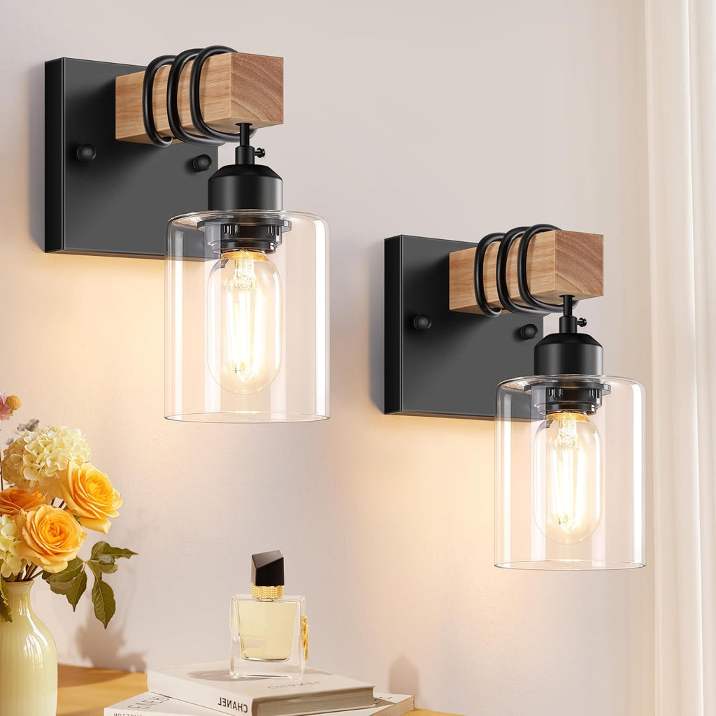 Set of 2 Wall Sconces , Farmhouse 1-Light Matte Black Bathroom Vanity Light with Clear Glass Shades, Indoor Wall