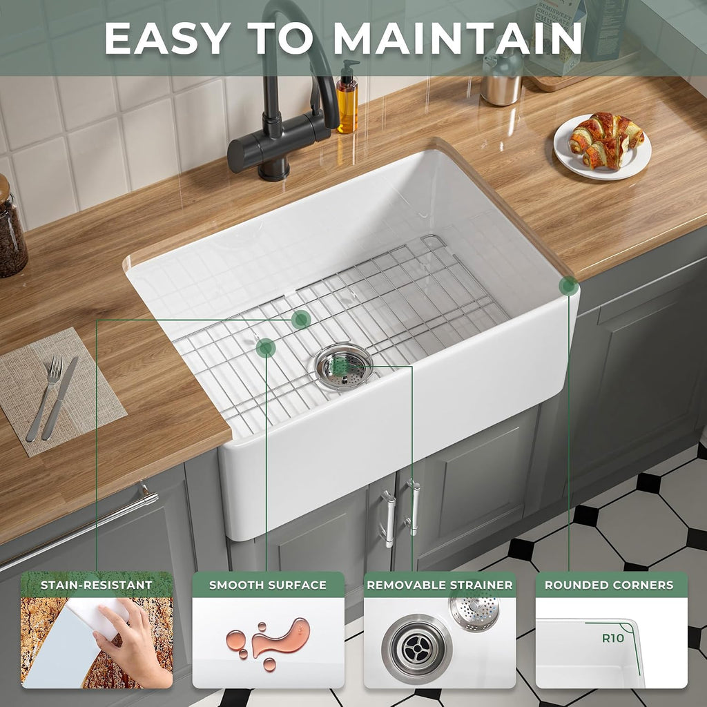 Fireclay Apron Front Farmhouse Sink 27" White for Laundry,Kitchern | 27"x18x10 Inch Farm Sink Heavy Duty Fireclay