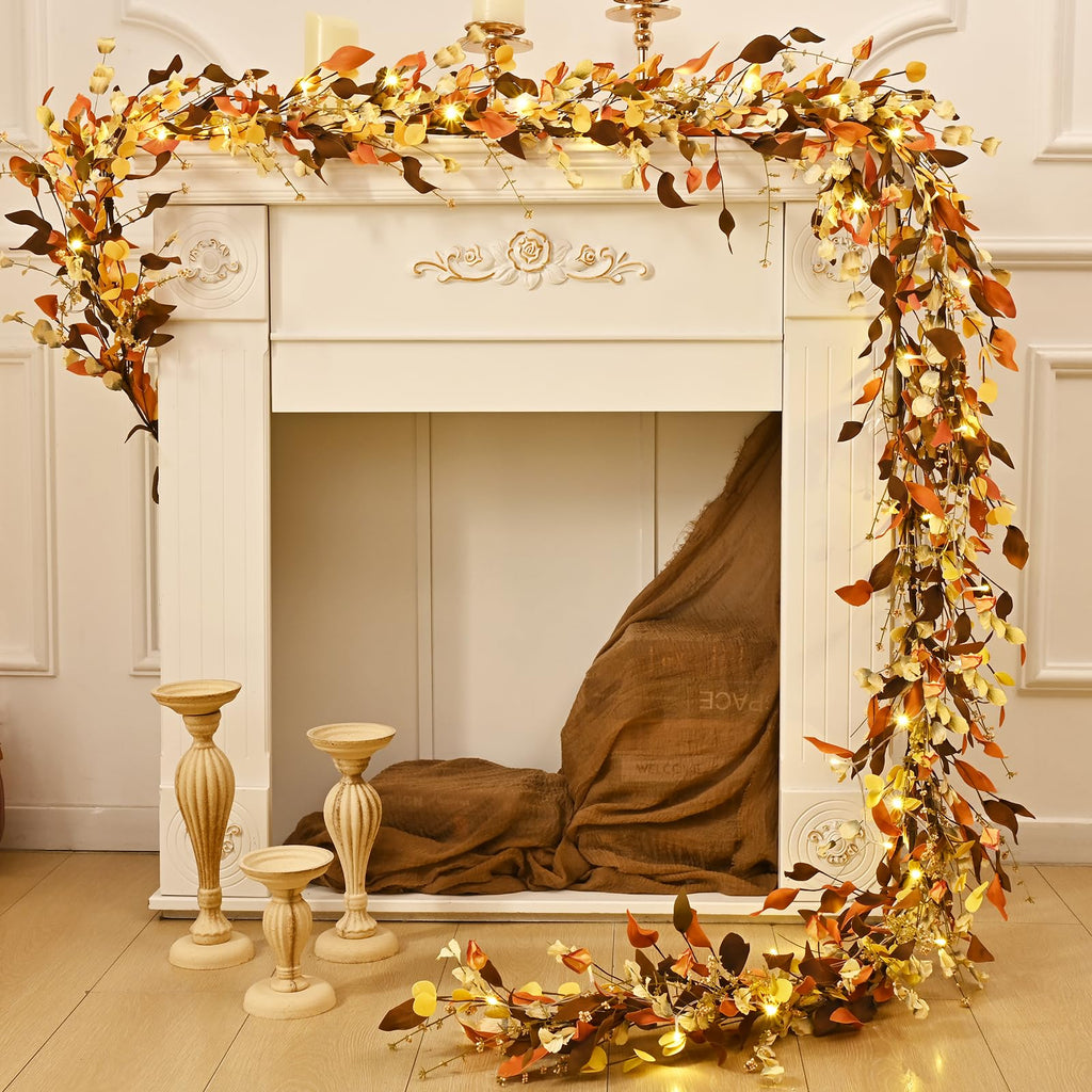 Fall Decor, 6FT Fall Garland with Lights Autumn Eucalyptus Leaves Lighted Garland Thanksgiving Harvest Festival