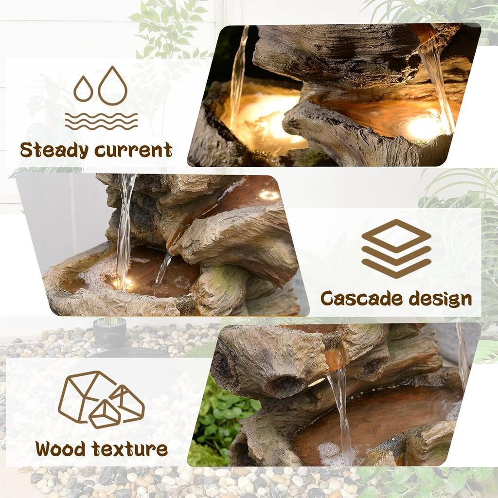 40" H Outdoor Water Fountain with 5 Tiers Large Cascading Realistic Tree Trunk Waterfall Fountains with LED Lights