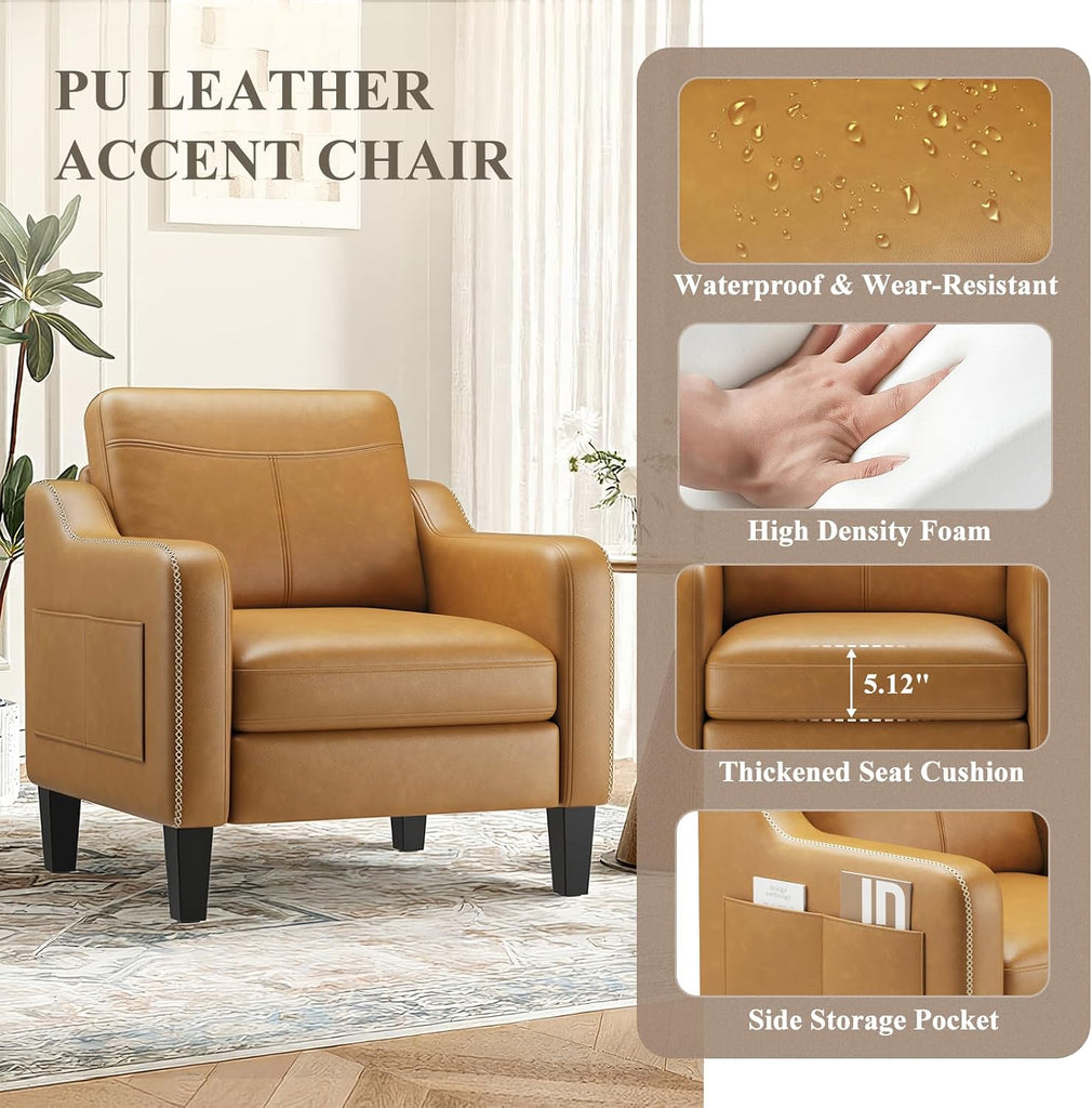 PU Leather Accent Chair, Mid-Century Modern Living Room Armchair Sofa with Removable Cushions, Solid Wood - Set of 2