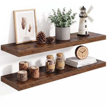 10 Inch Deep Floating Shelves, 36 Inch, Rustic Brown, Set of 2