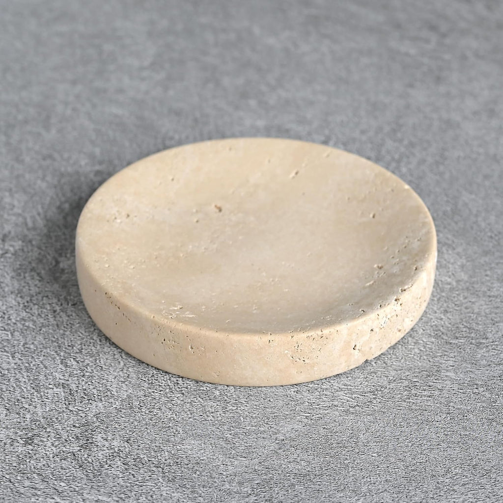 Small Travertine Jewelry Dish 4", Natural Beige Stone Trinket Tray for Rings Earrings Necklaces, Round Travertine