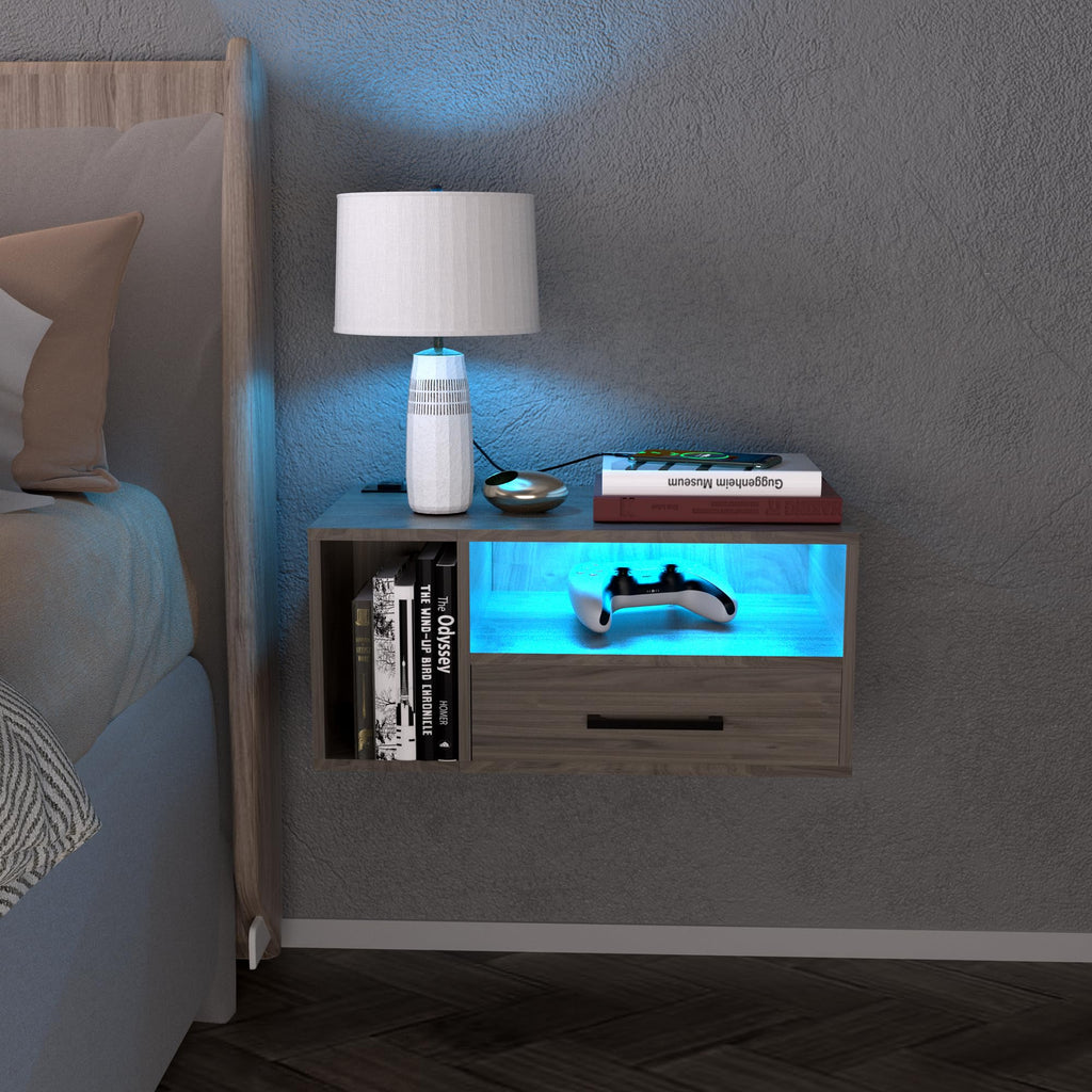 Floating Nightstand with Lights, Grayish Brown