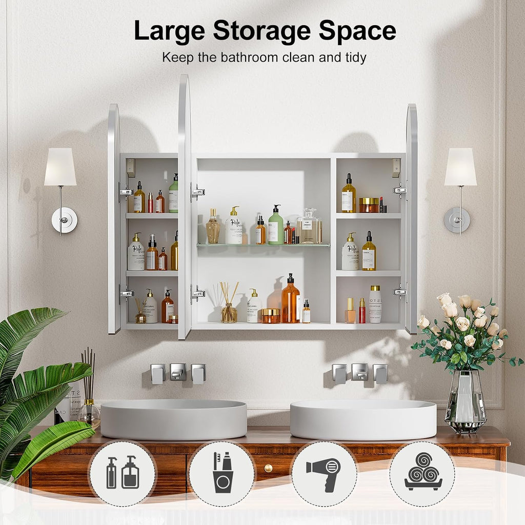 Triple Arched Brushed Nickel Medicine Cabinet,Medicine Cabinet with Mirror,3 Doors,Surface Mount Bathroom Mirror