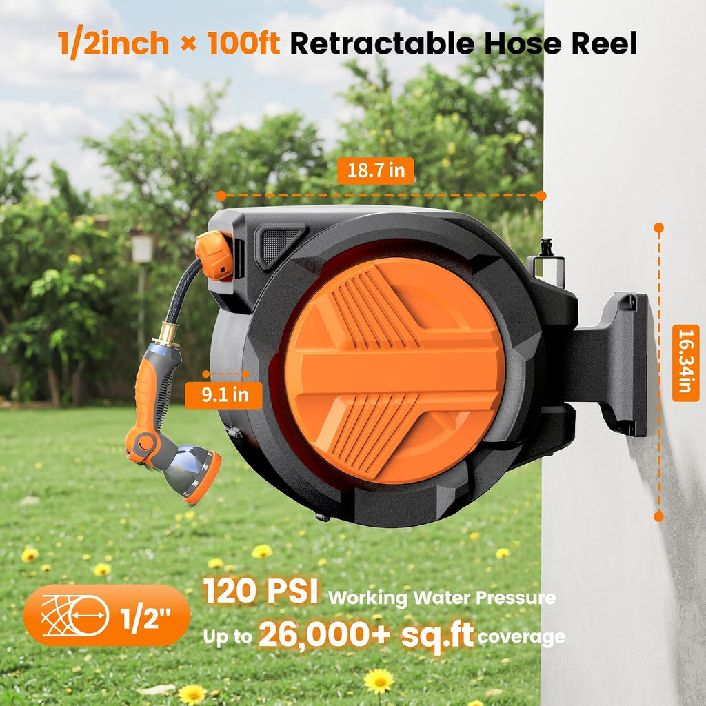 Retractable Garden Hose Reel 1/2" x 100ft, Auto Rewind Hose Reels for Outside, Heavy-Duty Wall-Mounted Outdoor Hose