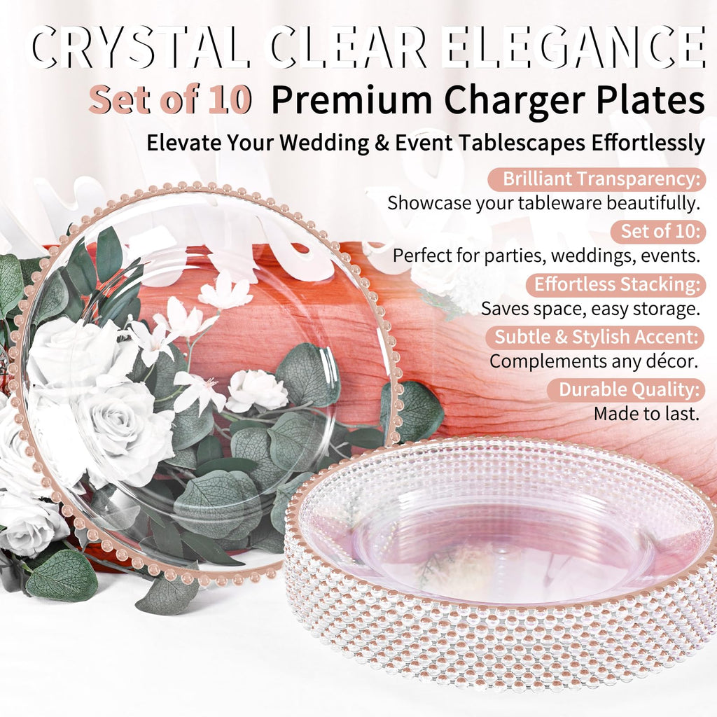 10Pcs Clear Charger Plates Bulk Wedding - 13" Premium Clear Plastic Chargers with Rose Gold Beaded Rim, Decorative