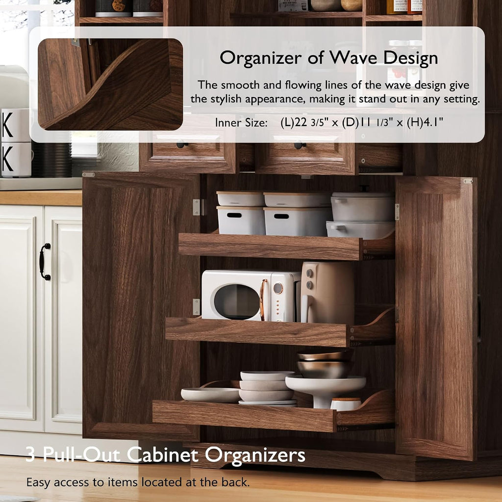 71" Farmhouse Pantry Cabinet with Pull Out Shelves & Drawers | Embossed texture, 3 pull out organizers, 6 door