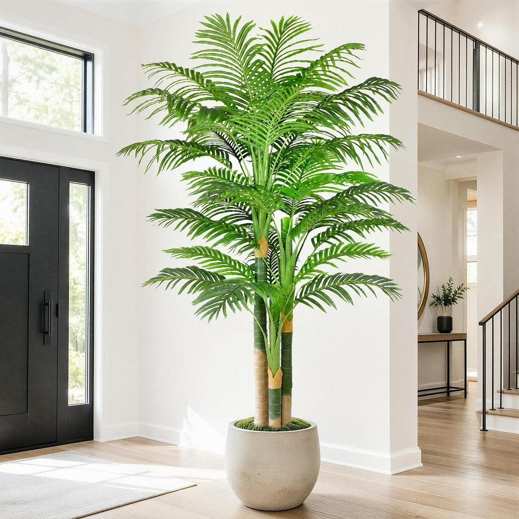 7ft Triple Golden Cane Palm Artificial Tree, Tall Faux Palm Tree with 33 Realistic Leaves, UV Resistant Fake Tropical