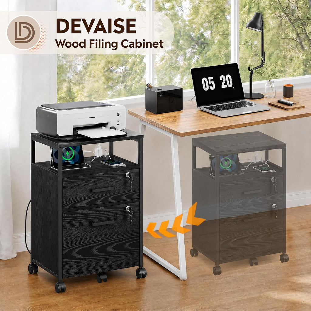 2 Drawer File Cabinet with Lock and Charging Station | Wood Filing Cabinet fits A4 or Letter Size, Mobile Printer