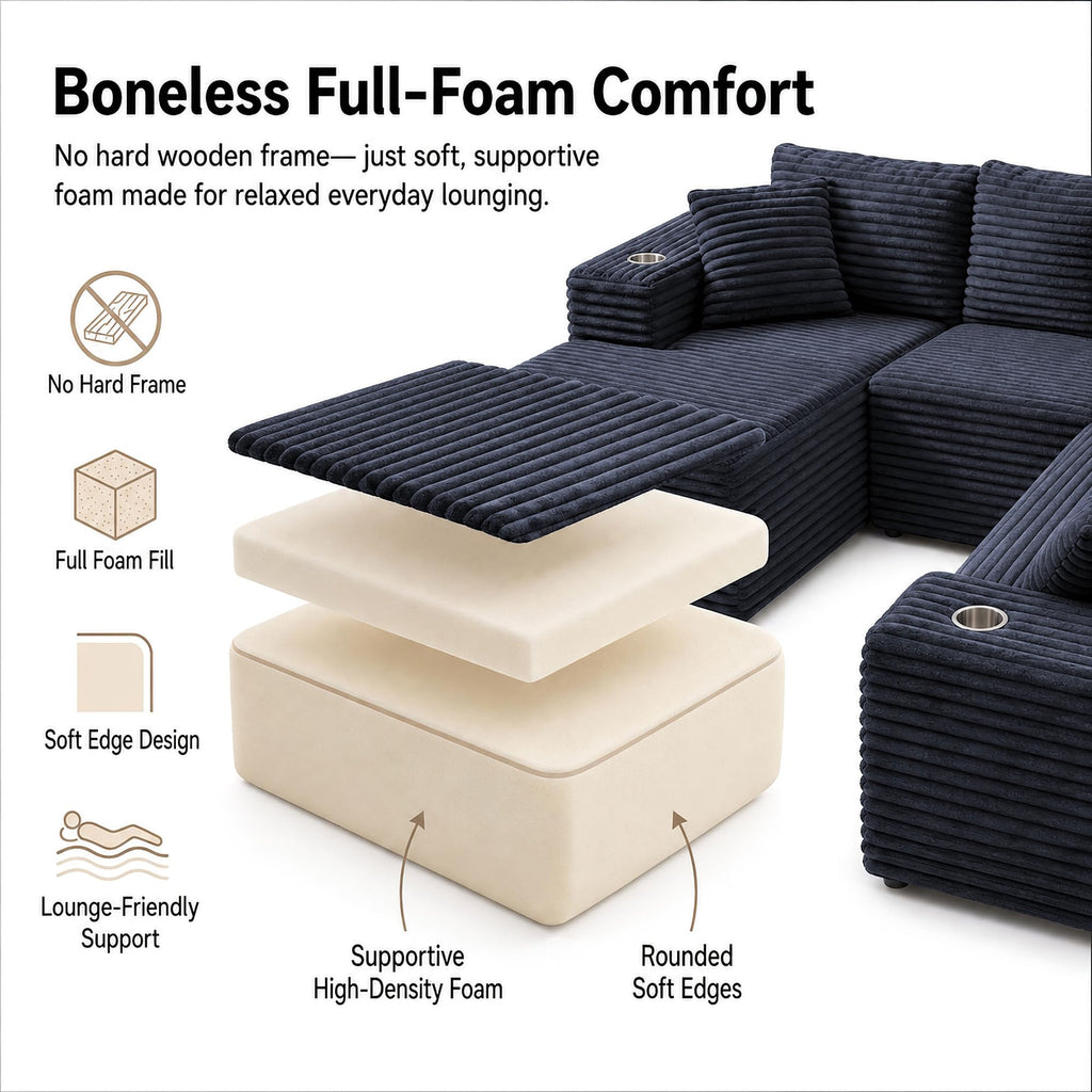 122" Oversized Cloud Sectional Couch, 7 Seater U Shaped Sofa Modular Boneless Couch with Chaise | Deep Seater | Cup