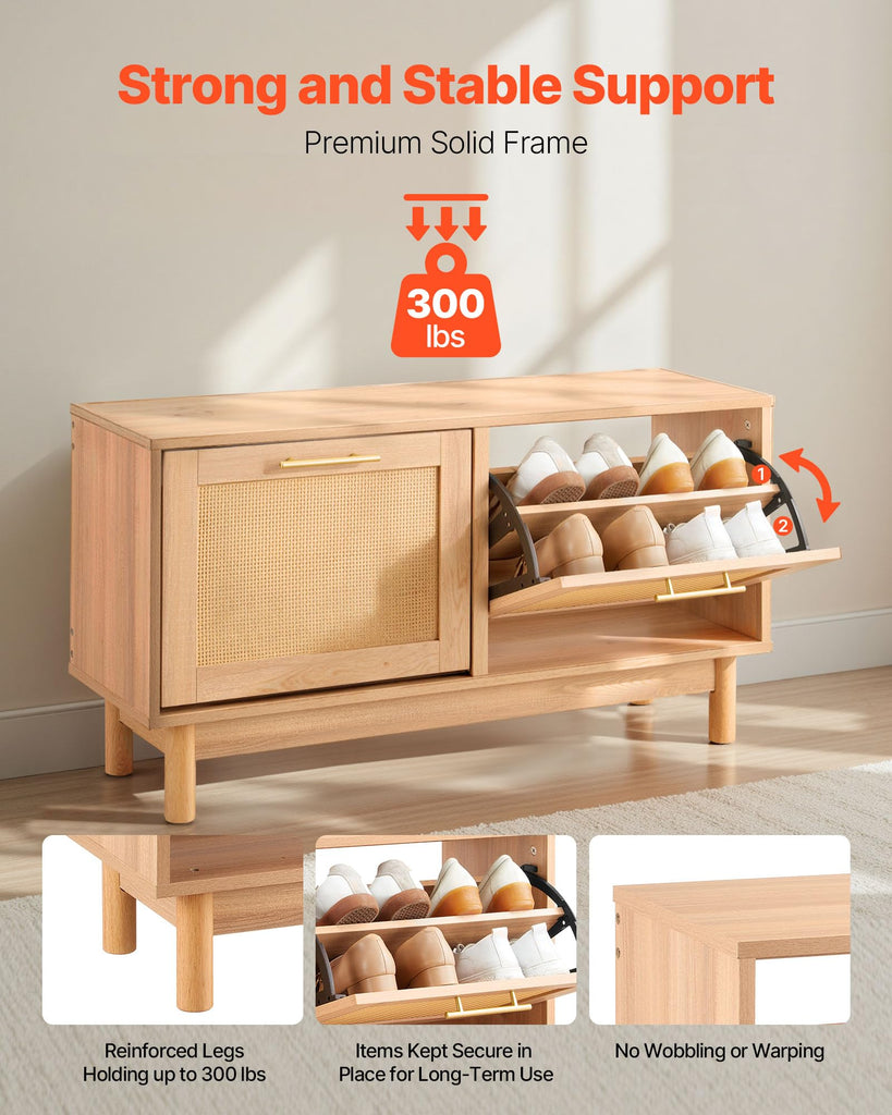 Rattan Shoe Storage Bench, Entryway Bench with 2 Flip Drawers, Holds up to 300 lbs with 4 Compartments and 2 Rattan
