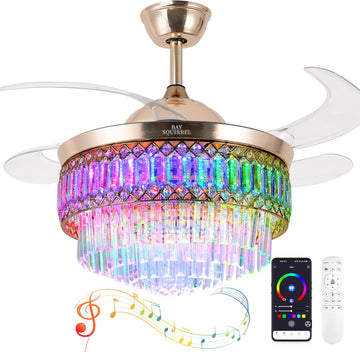 Retractable Crystal Ceiling Fan with Lights and Remote/APP Control, Bluetooth Ceiling Fan with Speaker, 6-Speed