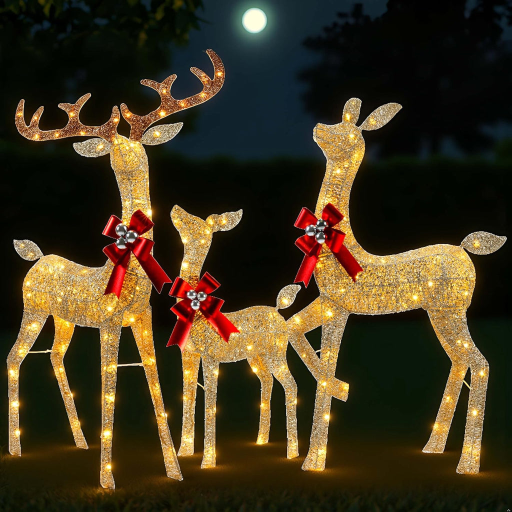 3D Christmas Reindeer Family, 3-Piece Holiday Pre-lit Glitter Deer