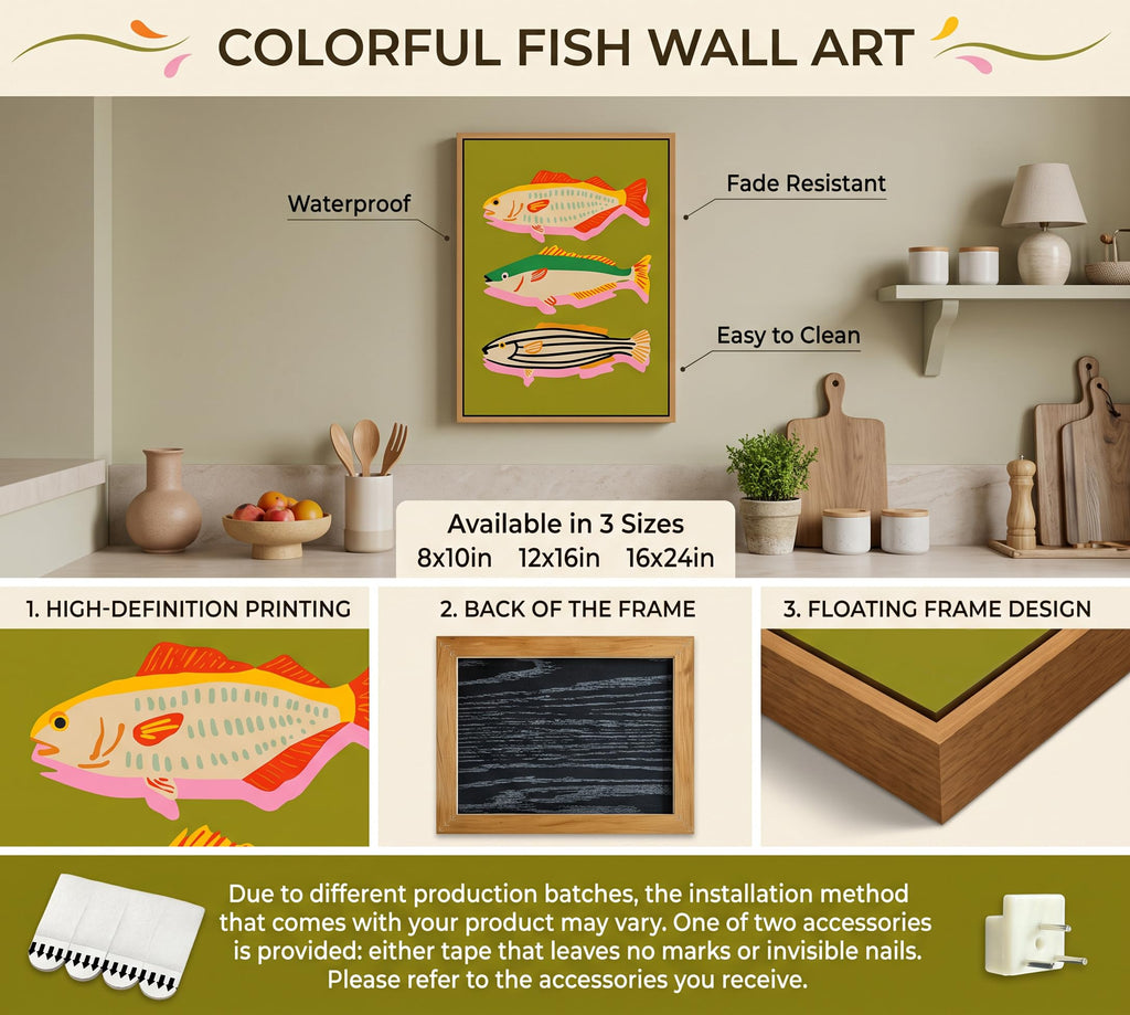 Framed Abstract Fish Wall Art, Funny Coastal Kitchen Decor, 16x24in