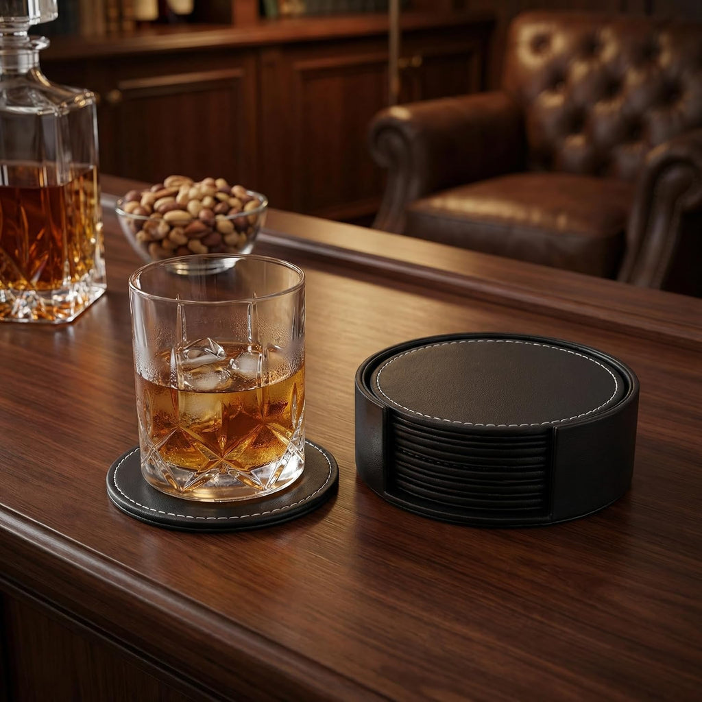 PU Leather Black Bar Drink Coasters with Non-Slip Design - Set of 6
