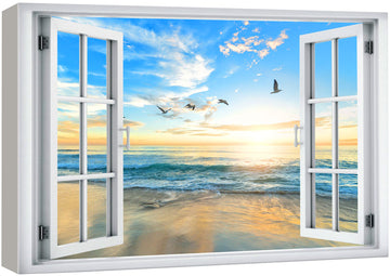 Canvas Print Wall Art Window View Birds Flying Sunset Ocean Beach Horizon Wilderness Nature Photography Realism