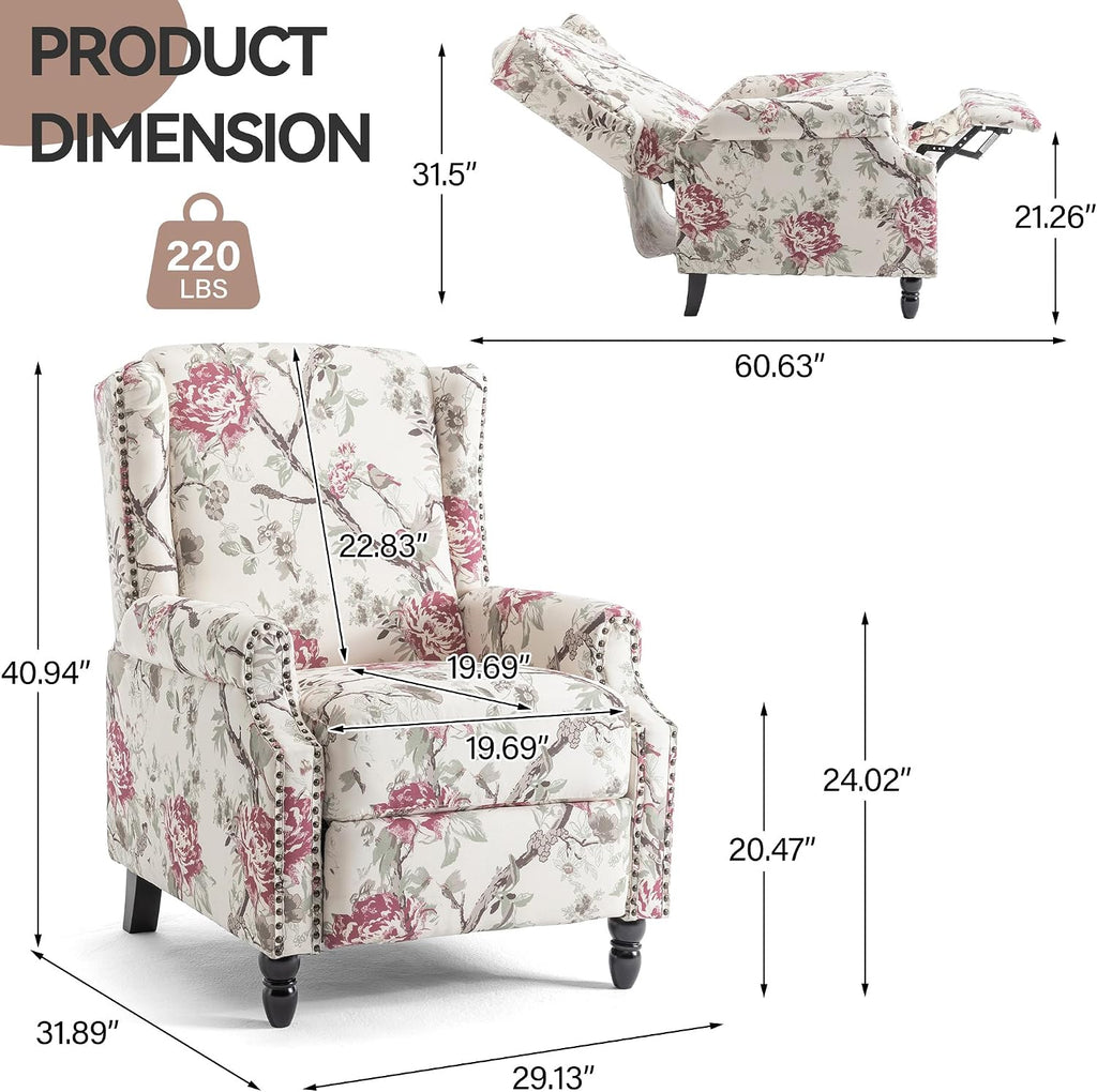 Pushback Recliner Chair, Floral Fabric Wingback Recliner Chair, Upholstered Rivet Trim Armchair Push Back Recliner