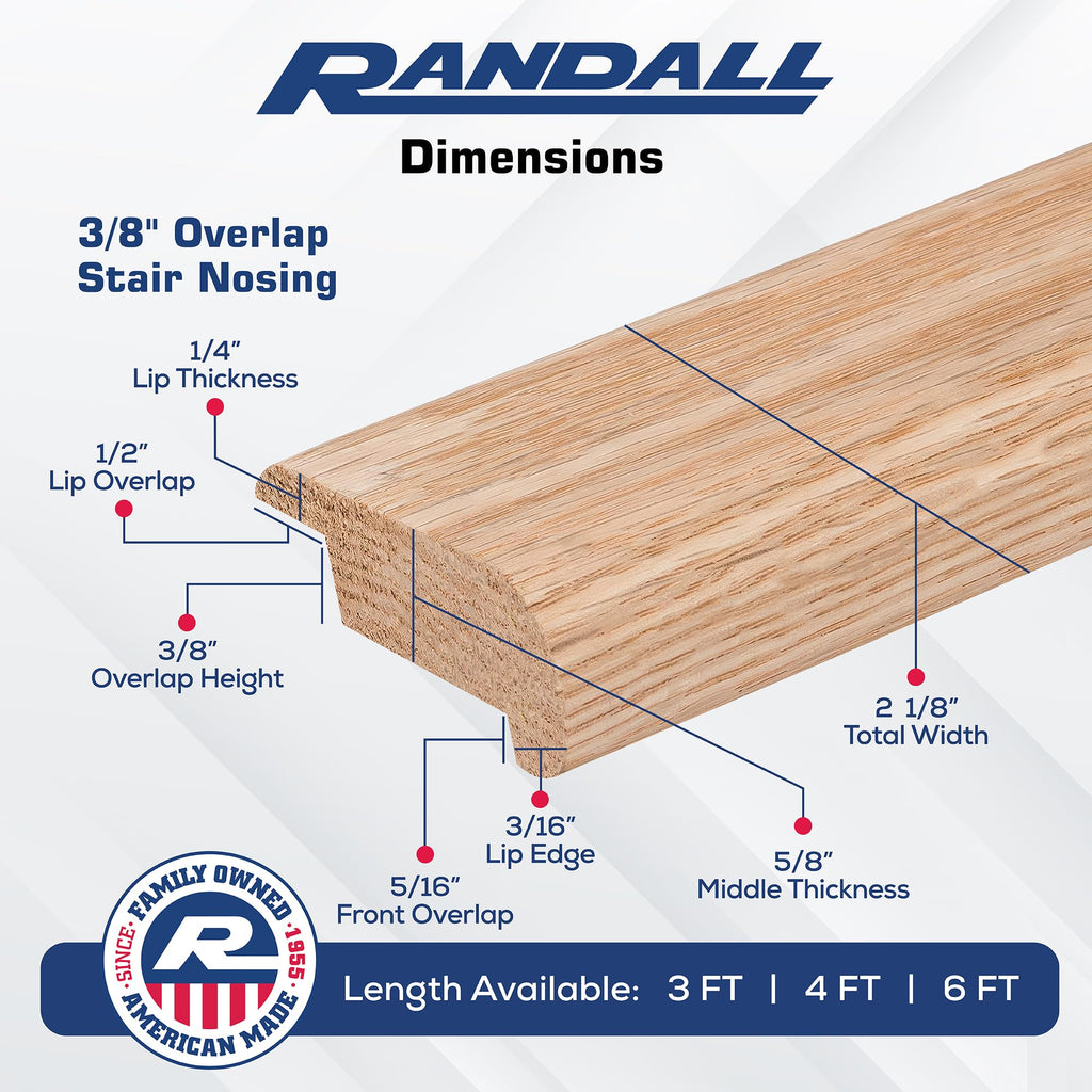 3/8" Overlap Stair Nosing Unfinished Red Oak (3 FT Long)