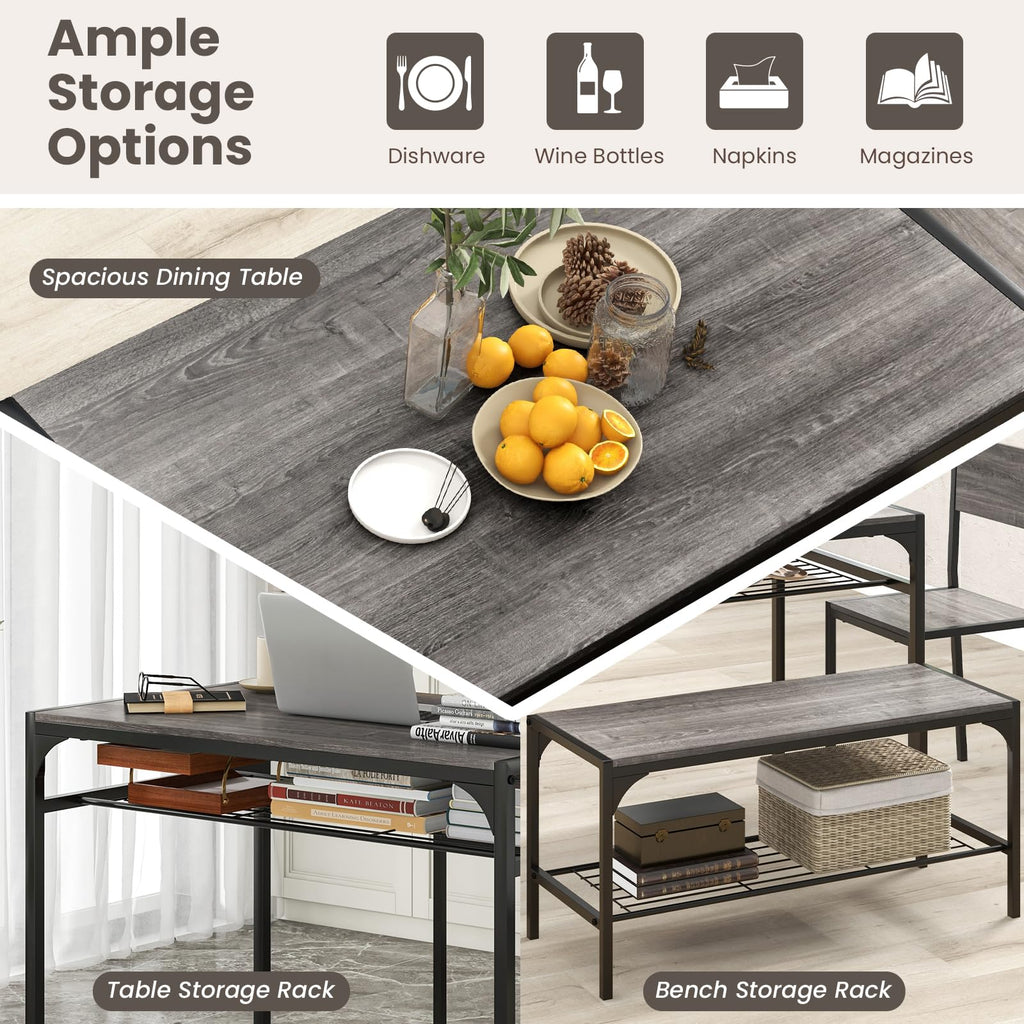 Dining Table Set for 4, Kitchen Table with Chairs & Bench, Storage Racks, Metal Frame, 4-Piece Space-Saving Dinette