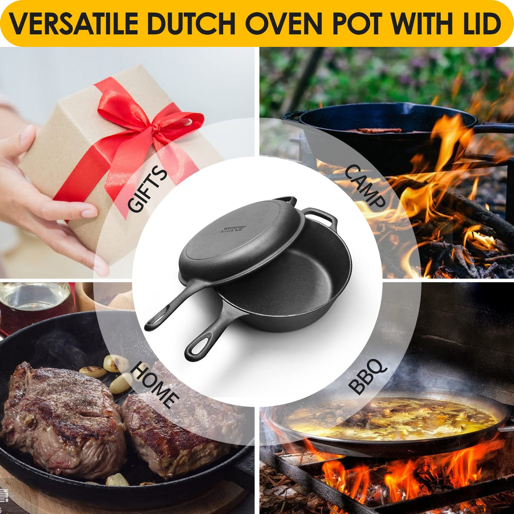 2-in-1 Pre-Seasoned Cast Iron Dutch Oven Pot with Skillet Lid Set, 10" Skillet 3QT Pot for Cooking, Baking, Frying