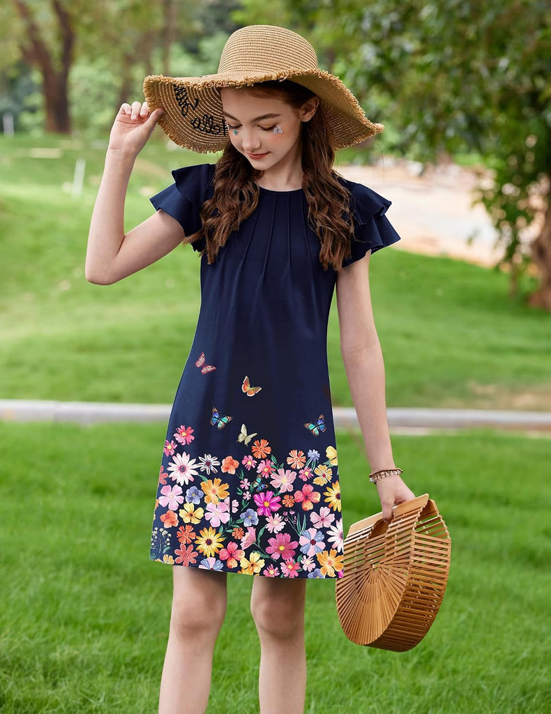 Girls Summer Dress Tween Flutter Sleeve Pleated Front Dresses