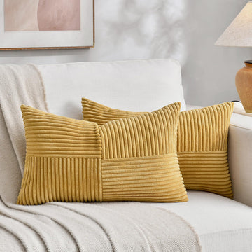 2 Packs Mustard Yellow Lumbar Decorative Throw Pillow Covers 14x22 Inch Couch Bed, Rustic Farmhouse Boho Home Decor