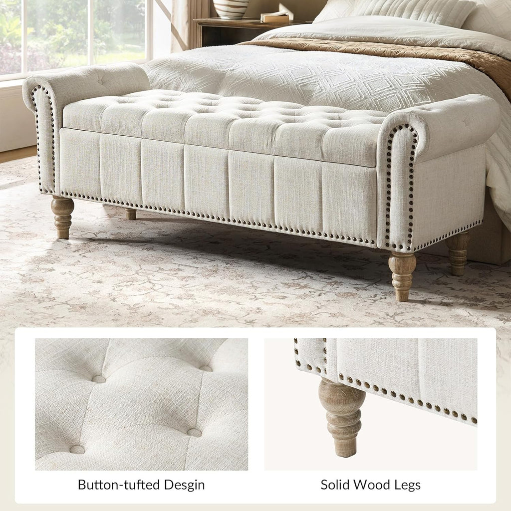 Farmhouse Storage Bench, Ivory | End of Bed Bench with Vintage Button-Tufted Design, Bedroom Bench with Storage