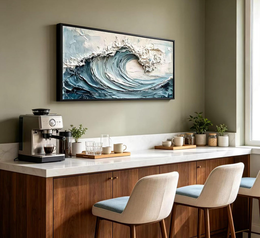 Large Abstract Textured Wave Wall Art, Blue Ocean Canvas Painting