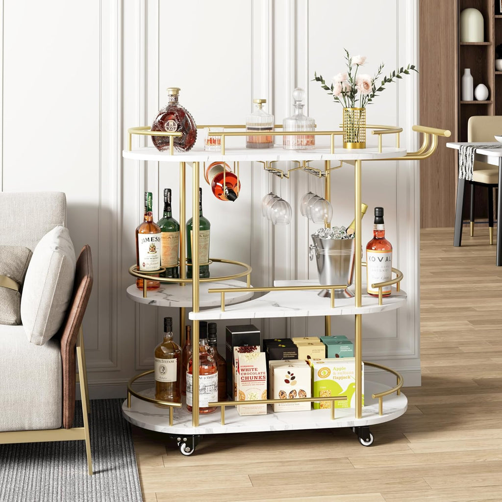 Bar Serving Cart with Wine Rack and Glass Holder, 3-Tier Rolling Serving Cart with 4 Wheels, Small Serving Table