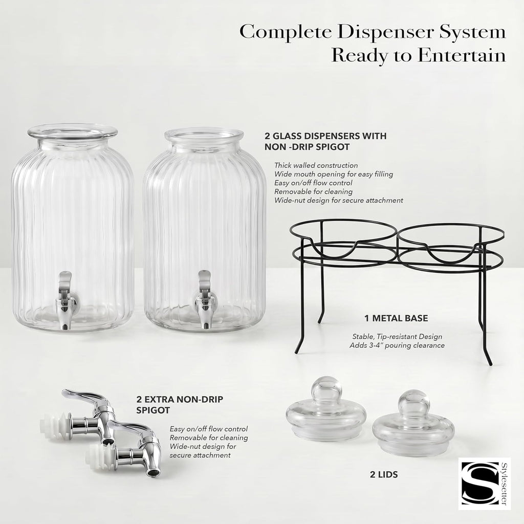 Canyon Beverage Dispenser Cold Drink Dispenser w/ 1.3-Gallon Capacity each Glass Jug, Metal Rack & - Set of 2