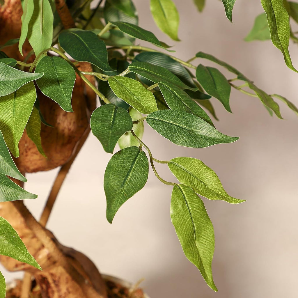 5FT Artificial Ficus Tree, 1449 Silk Leaves with Curved Natural-Look Trunk, Faux Tree in White Planter Pot with Real