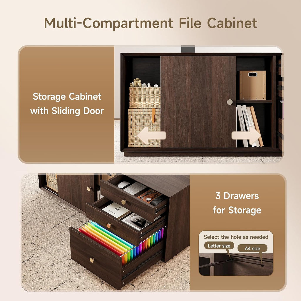 55" L Shaped Standing Desk w/File Cabinet, Sit Up Desk, Walnut | Electric Corner Desk with Drawers & Height