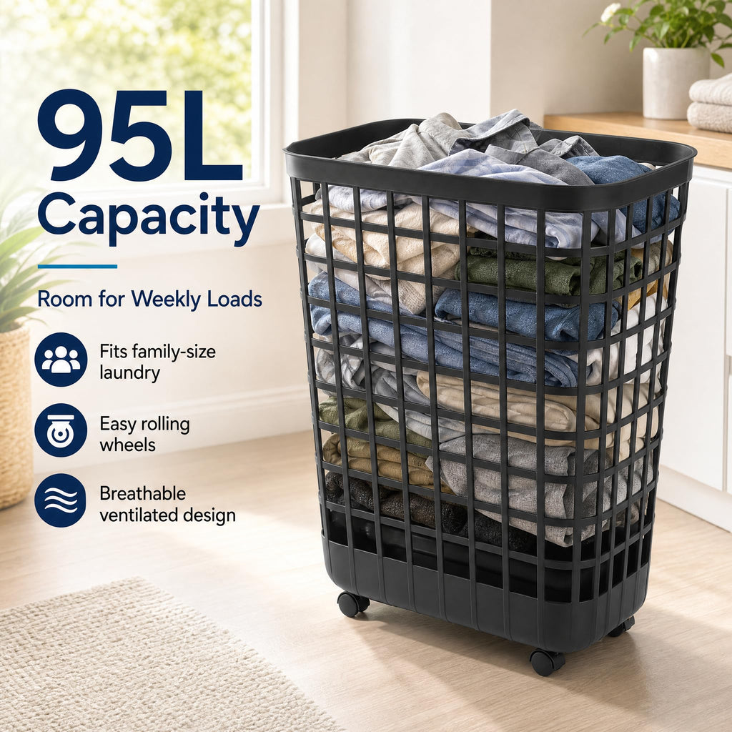Wheeled Plastic Laundry Hamper 95L - Adult-Sized Rolling Basket With Handles s