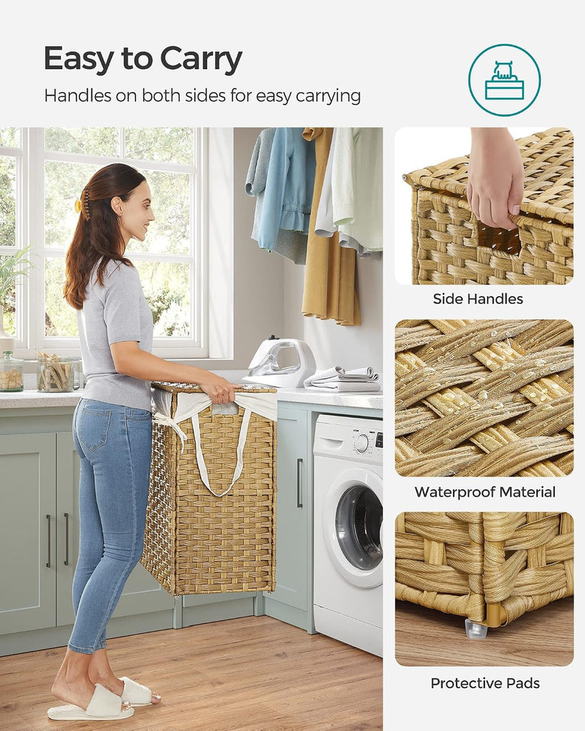 Laundry Hamper with Lid, 130L Wicker Laundry Basket | 6 Mesh Bags, 2 Removable Liner Bags, 13 x 26 x 23.6 Inches