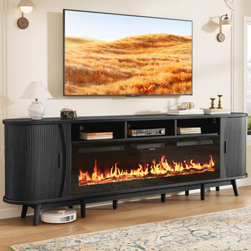 97" for 100" TV, Mid Century Modern Entertainment Center with 60" Electric Fireplace, Media Console with Sliding