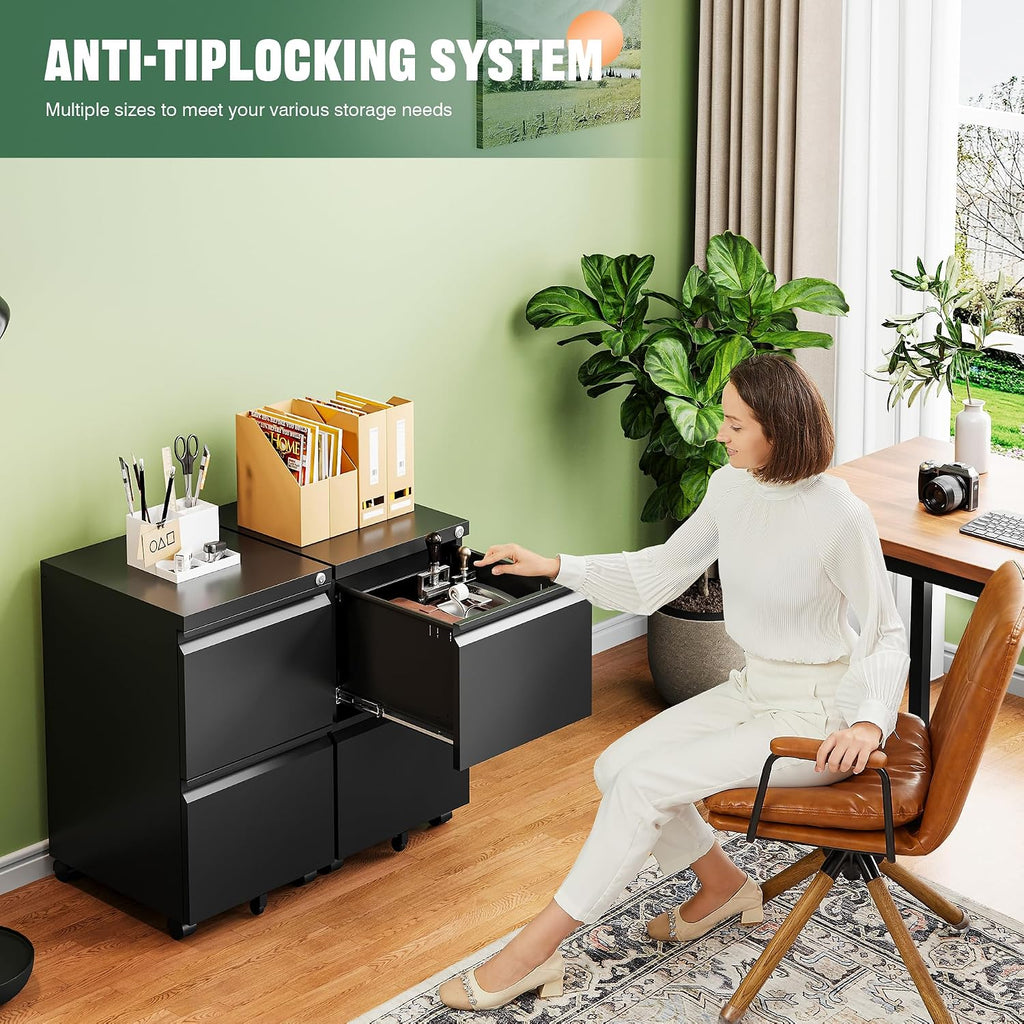Mobile File Cabinet with Lock,2 Drawer Under Desk Metal Rolling Filing Cabinets Organizer Letters/Legal/A4(Fully