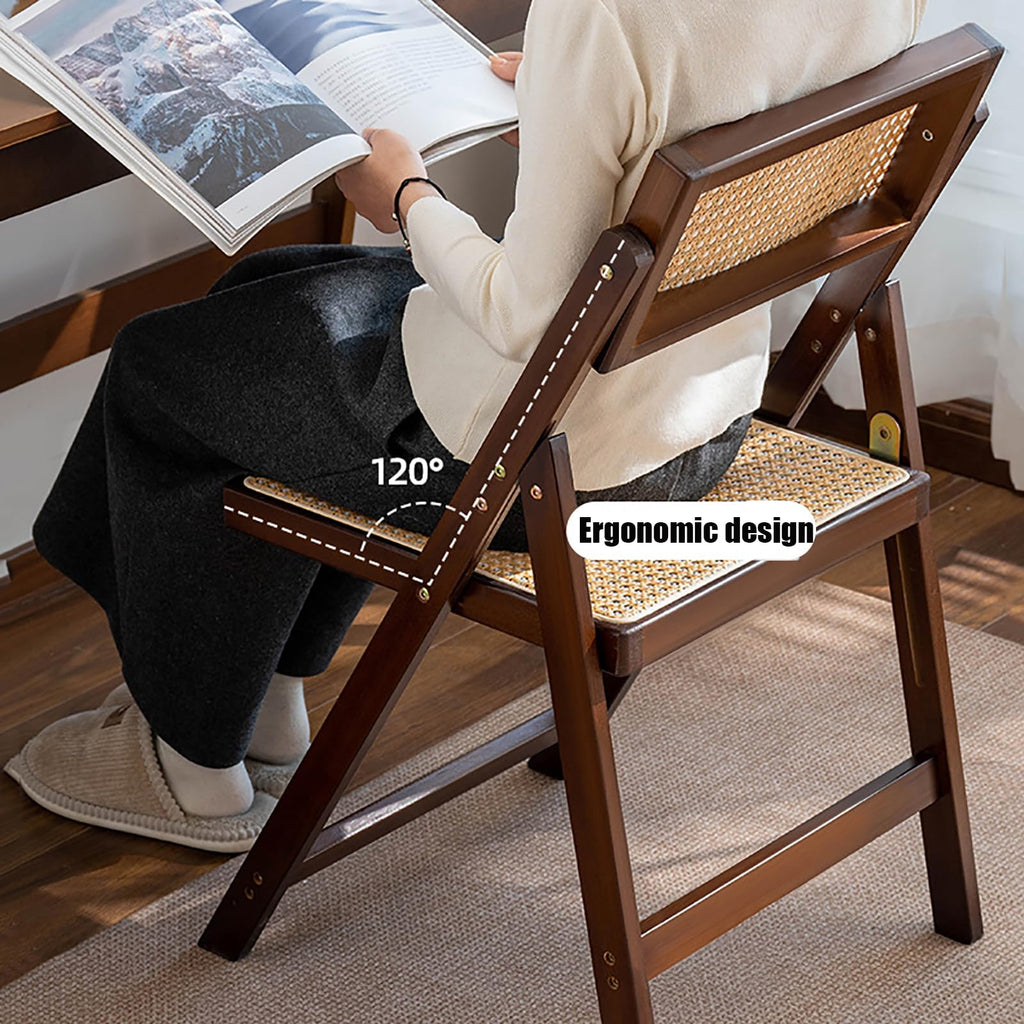 Wooden Rattan Folding Chairs Portable Save Space Kitchen Dining Chair for Balcony Living Room, with Mesh Elastic Seat