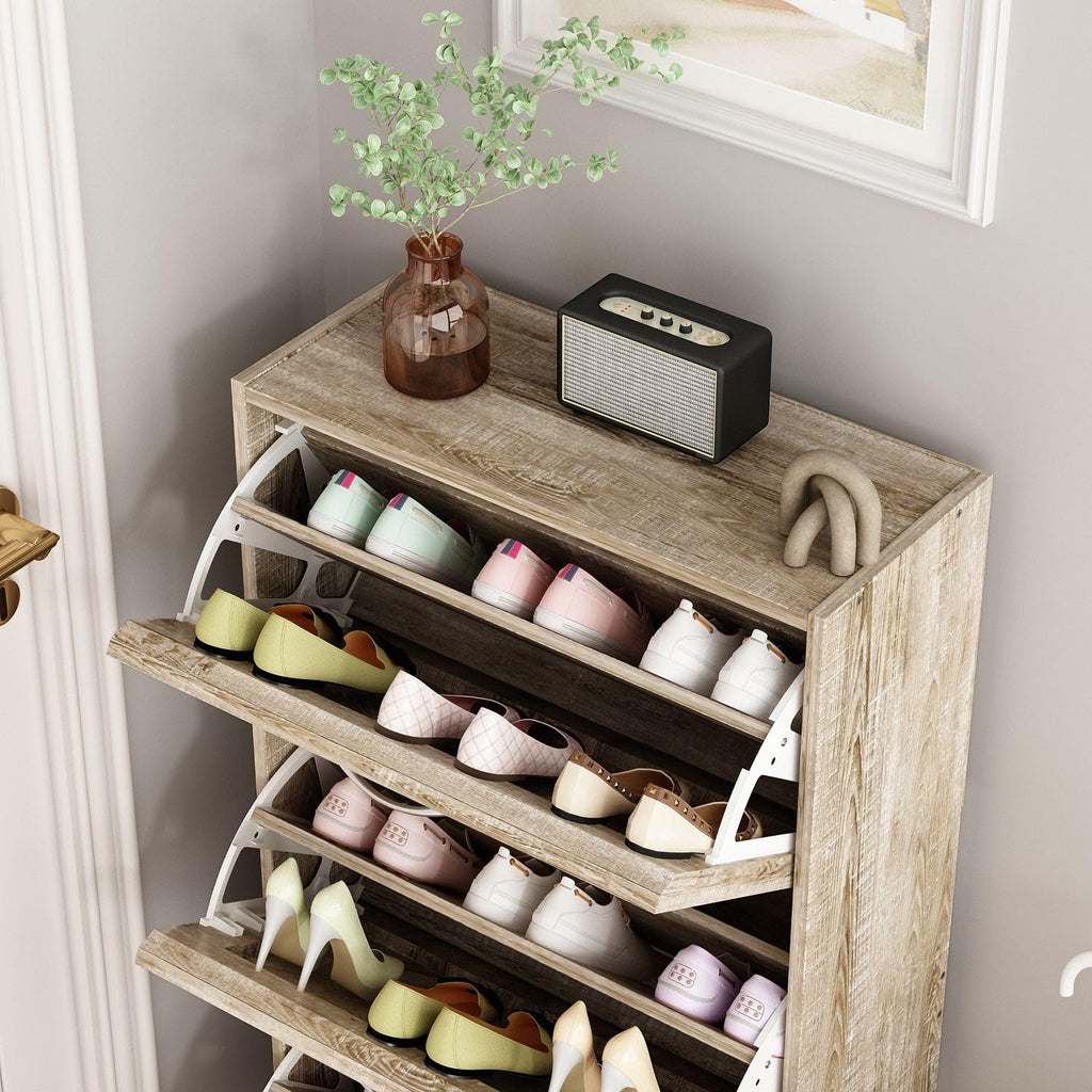 Small Shoe Cabinet with 3 Flip Drawers, Slanted Surface, Light Brown