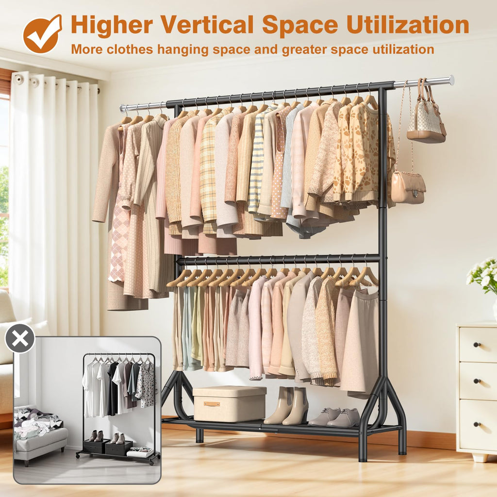 Double Rod Clothing Rack Load 622 LBS, Heavy Duty Clothes Rack for Hanging Clothes, 82.68 inch High Garment Rack with