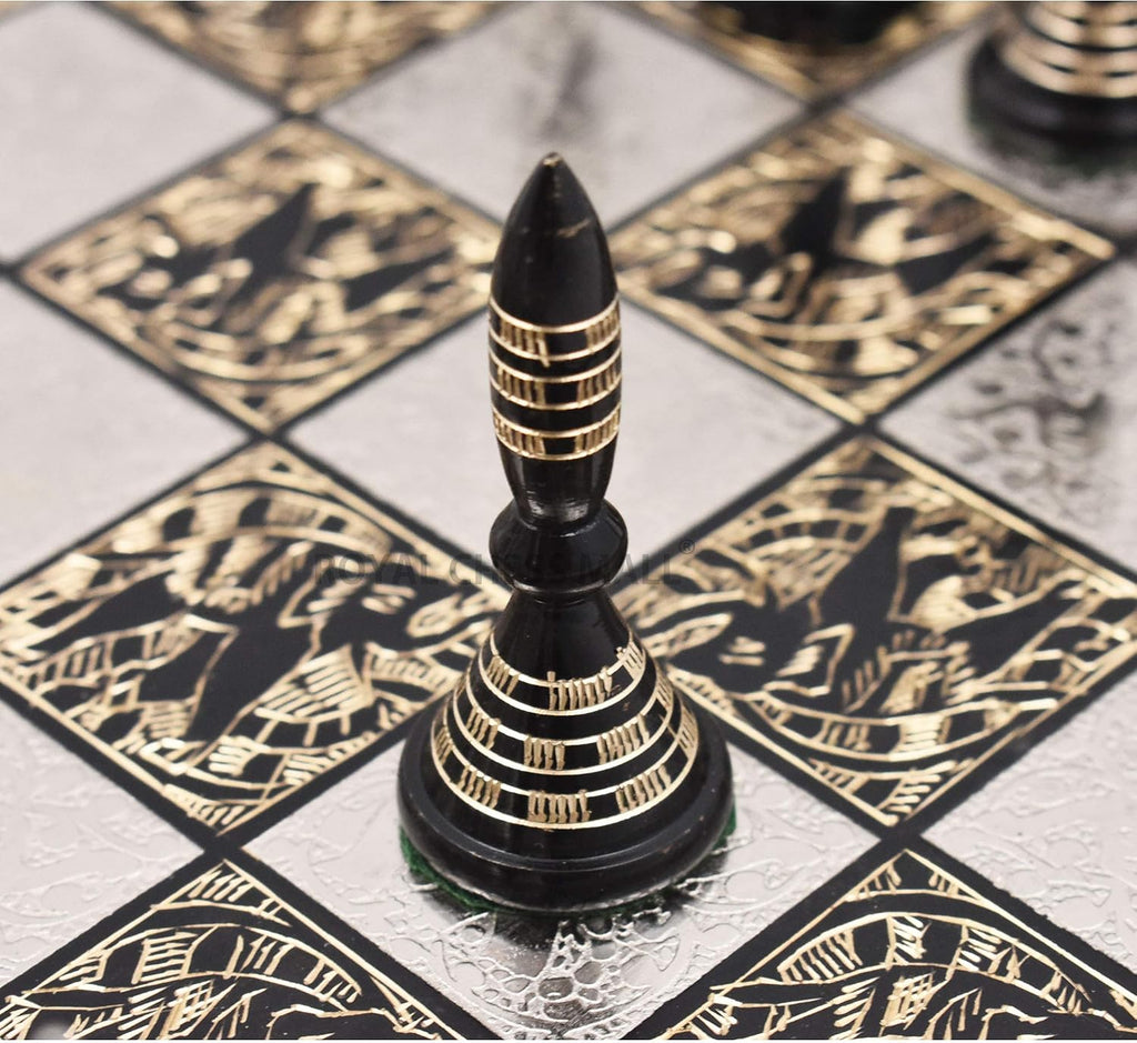 Solid Brass Metal Tribal Artwork Warli Luxury Chess Pieces & Board Set- 12" - Silver & Black... - Set of 32