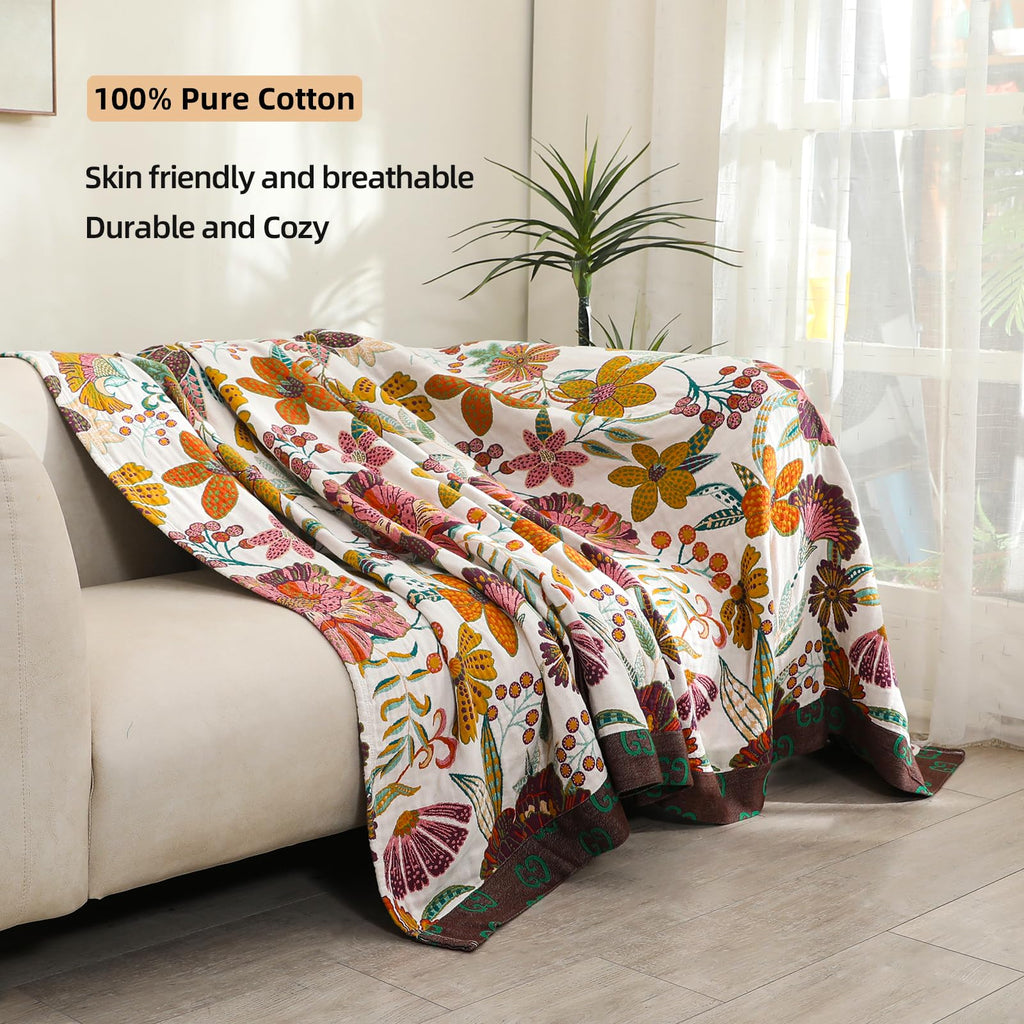 King Boho Throw Blanket for Bed, 100% Cotton Muslin Soft Throw-Floral Farmhouse Rustic Decor Blanket for Couch Sofa