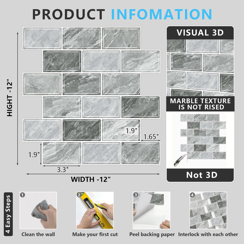 10-Sheet Stick on Backsplash ,12"x12" Peel and Stick Self Adhesive Wall Tiles Back Splashes Light Gray Marble Look