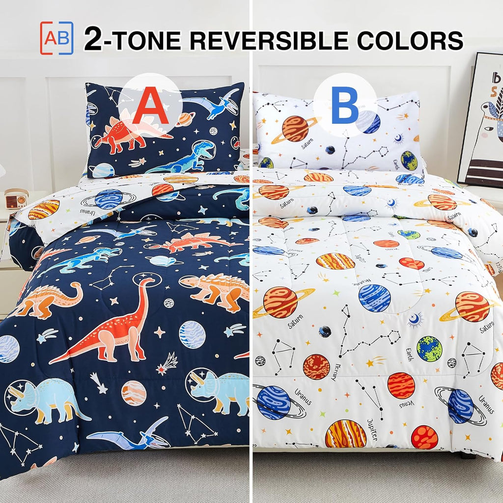 5pc Glow in The Dark Kids Comforter Set,Dinosaur Galaxy Printed, Space Bedding Set Twin for Boys Girls Teen